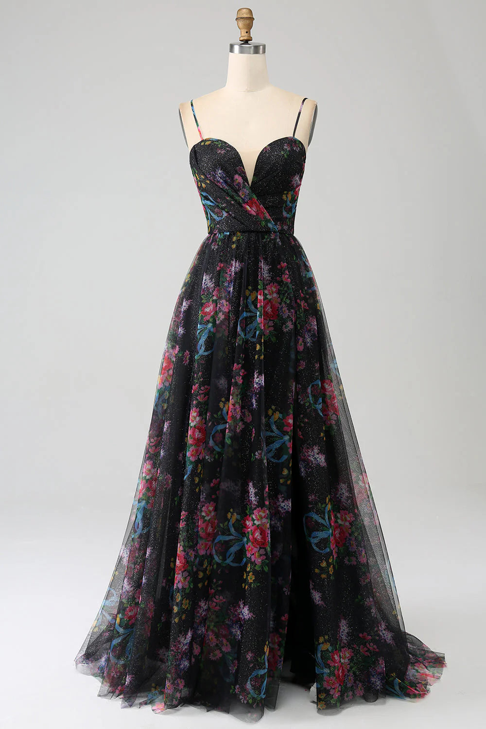 Vestido de fiesta de corte A con tirantes finos estampados y abertura